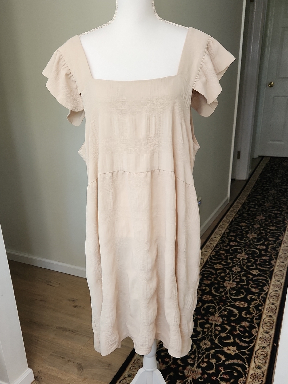 ODDI Smocked Crinkle Dress 3X Ruffle Flutter Sleeve Taupe Cream Boho